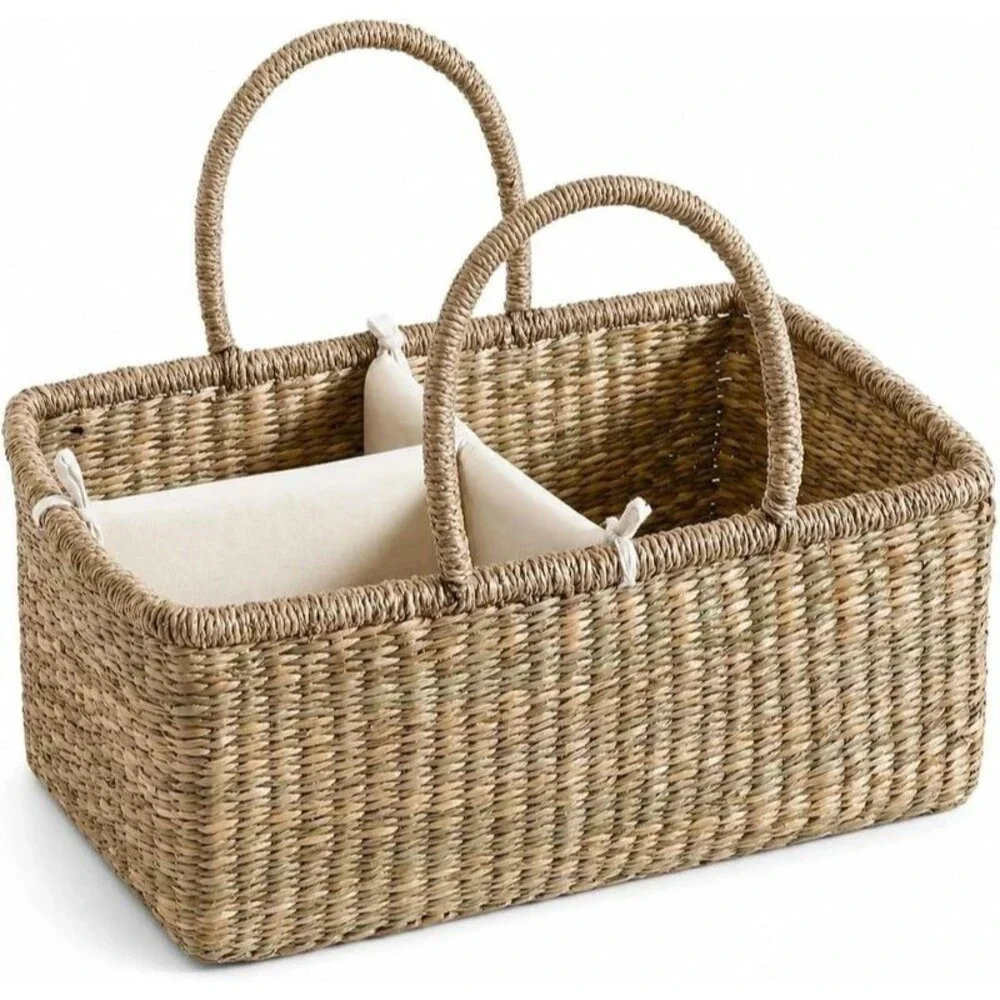 Wicker Diaper Caddy Organizer Woven Seagrass Basket Handles Dividers NEW
